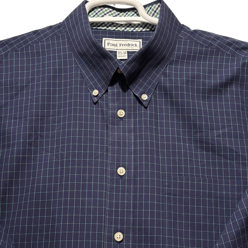 Paul Fredrick Mens 17.5‎ 34 Non-Iron Pinpoint Cotton Navy Green Windowpane Shirt